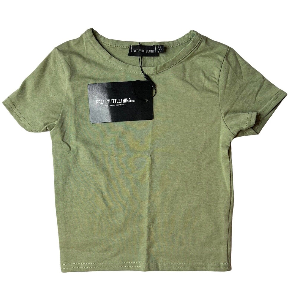 Pretty Little Thing‎ Sage Khaki Cotton Short Sleeve Crop Top Size 2 US New